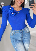 Women Ruffle Edge Floral Round Neck Top