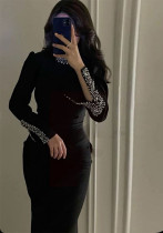 Women Fall Beaded Slit Black Long Sleeve Bandage Dress