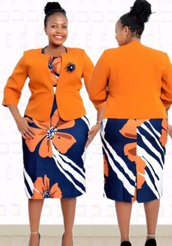 Plus Size Women Printed Dress Jacket Two Piece Set