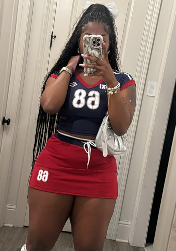 Women Summer American Sports V-Neck Colorblock Print Top and Skirt Two Piece Set