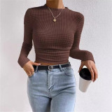 Women Long Sleeve Plaid Pleated T-Shirt