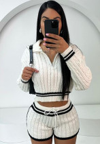 Women Contrast Color Turndown Collar Sweater Shorts Two Piece Set