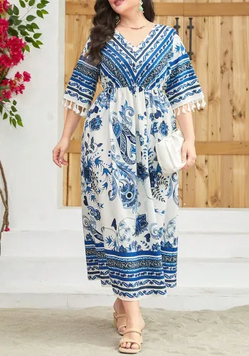 Women Casual V-Neck Tassel Print Dress