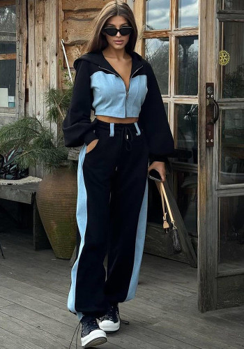 Women Casual Denim Patchwork Hooded Top Pants Two Piece Set