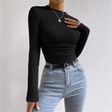 Women Long Sleeve Plaid Pleated T-Shirt