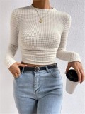 Women Long Sleeve Plaid Pleated T-Shirt