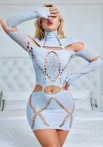 Women Solid High Neck Patchwork Ripped Long Sleeve Dress
