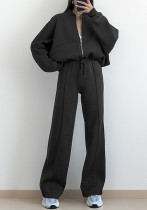 Women Fall Solid Casual Lace-up Sports Hoodies Two Piece Set