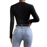 Women Long Sleeve Plaid Pleated T-Shirt