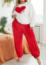 Flannel Heart Printed Casual Long Sleeves Pajamas Set Plus Size Women's Home Clothes