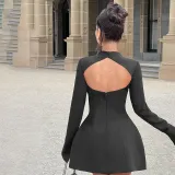Women Solid Round Neck Long Sleeve Dress