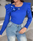 Women Ruffle Edge Floral Round Neck Top