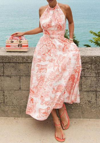 Women's Summer Ladies Fashion Sexy Low Back Printed Midi Dress