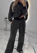 Autumn Winter Women's Bling Bling Long Sleeve Round Neck Loose Top Wide Leg Pants Two-Piece Set