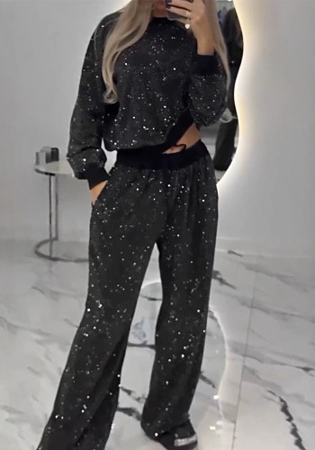 Autumn Winter Women's Bling Bling Long Sleeve Round Neck Loose Top Wide Leg Pants Two-Piece Set