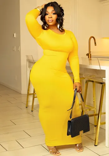 Women's Fashion Sexy Solid Color Round Neck Long Sleeve Slim Long Dress