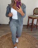 Women Solid Zipper Top+Pant Two Piece Set