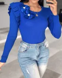 Women Ruffle Edge Floral Round Neck Top