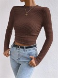Women Long Sleeve Plaid Pleated T-Shirt
