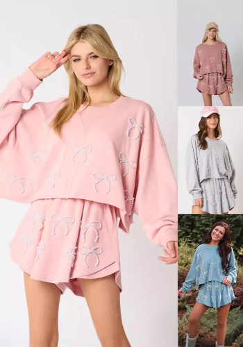 Women's Fashion Casual Sports Pearl Butterfly Beading Long Sleeve Top Shorts Two Piece Set
