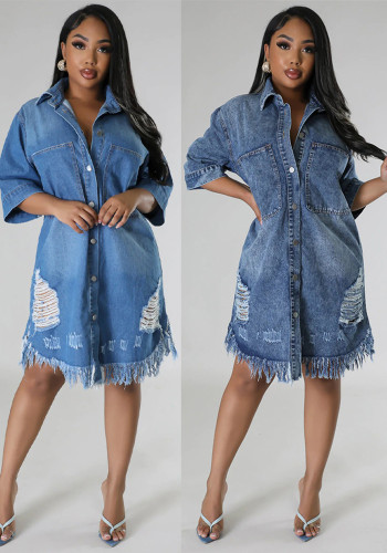 Turndown Collar Chic Denim Women Loose Short Sleeve Ripped Long Dress