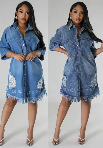 Turndown Collar Chic Denim Women Loose Short Sleeve Ripped Long Dress