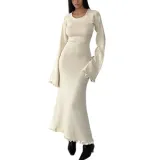 Solid Color Ruffle Low Back Women Knitting Long Dress