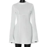Women Solid Round Neck Long Sleeve Dress