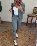 Women Solid Zipper Top+Pant Two Piece Set