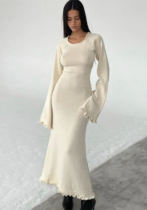 Solid Color Ruffle Low Back Women Knitting Long Dress