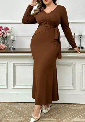 Plus Size Women's  Autumn Winter Elegant V-Neck Solid Color Long Sleeve Long Dress