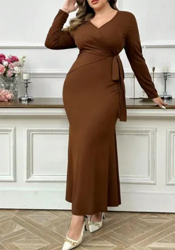Plus Size Women's  Autumn Winter Elegant V-Neck Solid Color Long Sleeve Long Dress