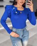 Women Ruffle Edge Floral Round Neck Top