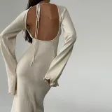 Solid Color Ruffle Low Back Women Knitting Long Dress