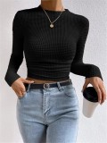 Women Long Sleeve Plaid Pleated T-Shirt