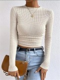 Women Long Sleeve Plaid Pleated T-Shirt