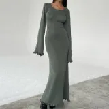 Solid Color Ruffle Low Back Women Knitting Long Dress
