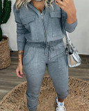 Women Solid Zipper Top+Pant Two Piece Set