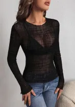 Women's Fashion Tight Fitting Leopard See-Through Shirt Flocked Jacquard Mesh Tight Fitting Top
