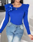 Women Ruffle Edge Floral Round Neck Top
