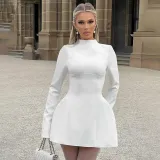 Women Solid Round Neck Long Sleeve Dress