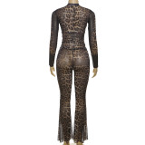 Autumn Fashion Sexy Trend Leopard Print High Waist Two Piece Pants Set