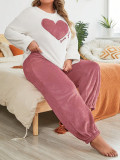 Flannel Heart Printed Casual Long Sleeves Pajamas Set Plus Size Women's Home Clothes