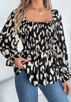 Women Casual Ruffle Edge Square Neck Leopard Print Long Sleeve Top