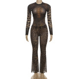 Autumn Fashion Sexy Trend Leopard Print High Waist Two Piece Pants Set