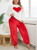 Flannel Heart Printed Casual Long Sleeves Pajamas Set Plus Size Women's Home Clothes