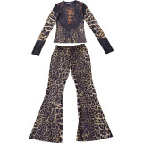 Autumn Fashion Sexy Trend Leopard Print High Waist Two Piece Pants Set