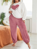 Flannel Heart Printed Casual Long Sleeves Pajamas Set Plus Size Women's Home Clothes