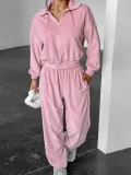 Pink Fashion Sports Suit Autumn Winter Zipper Turndown Collar Two-Piece Women Pants Set
