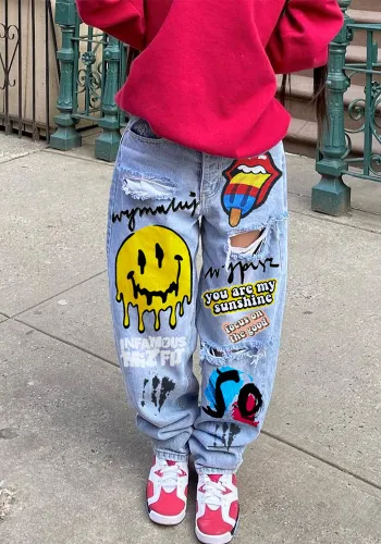 Women printed ripped denim pants